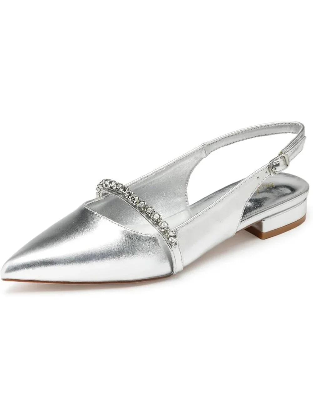 Women's Sliver Leather Slingback Flat Rhinestone Closed Pointed Toe Dressy Shoes